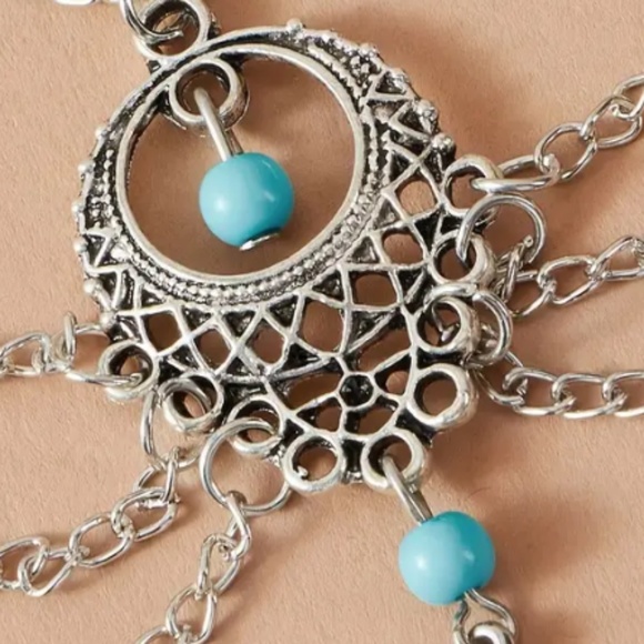 NEW BOHO VINTAGE STYLE SILVER/TURQUOISE BEADS SILVER CHAINS BEACH ANKLE BRACELET - Picture 4 of 6